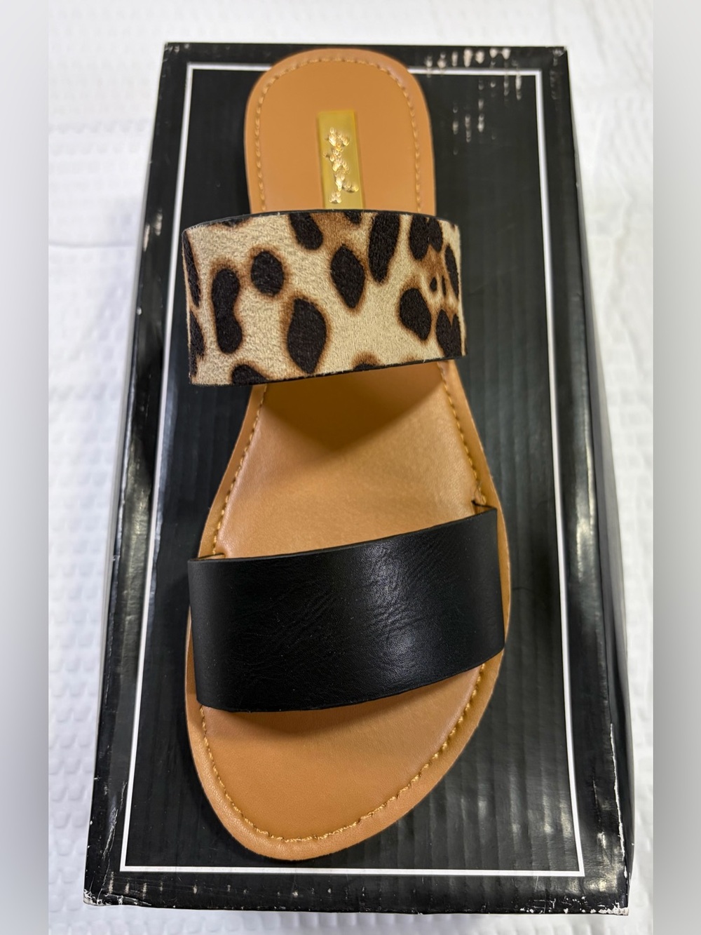 Cupid Leopard and Black Double Strap Slide Sandal